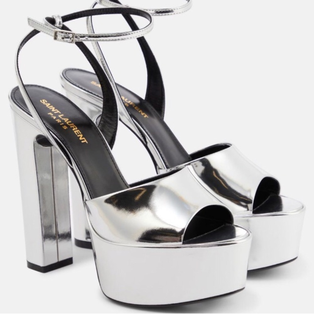 NWT SAINT LAURENT Jodie Metallic 135 Patent Leather Platform Sandals Silver 39.5